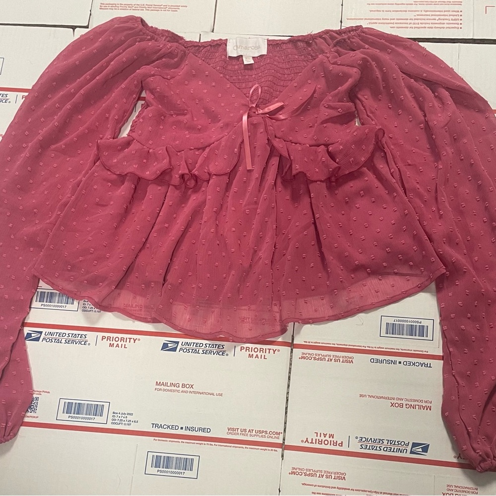 Pink Swiss Dot Ruffle Tie-Front Blouse